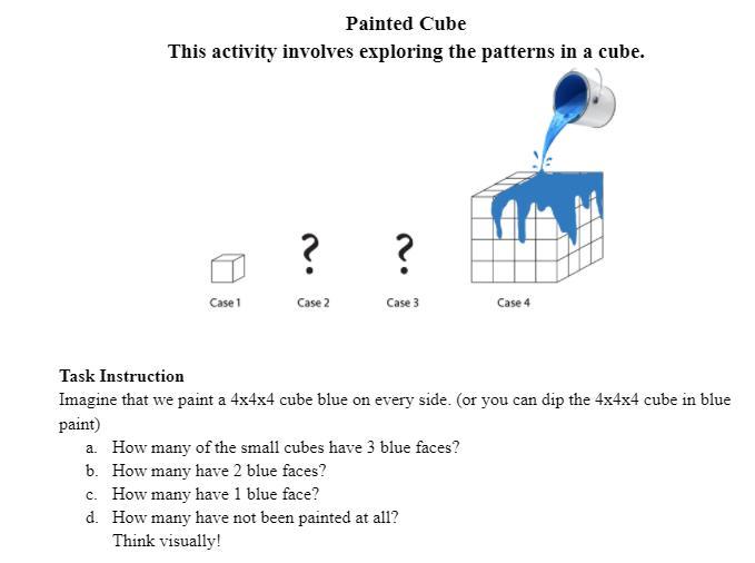 Imagine that we paint a 4x4x4 cube blue on every side. (or you can dip the 4x4x4 cube in blue paint)How