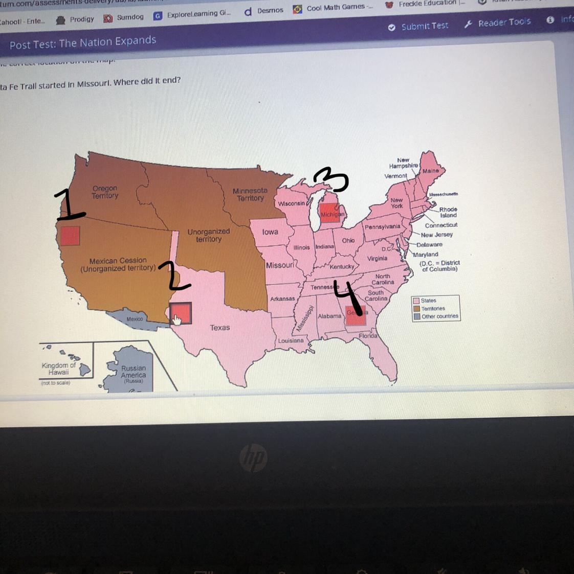 HELPPPP The Santa Fe trail started Missouri. Where did end? (Please tell me which square) 