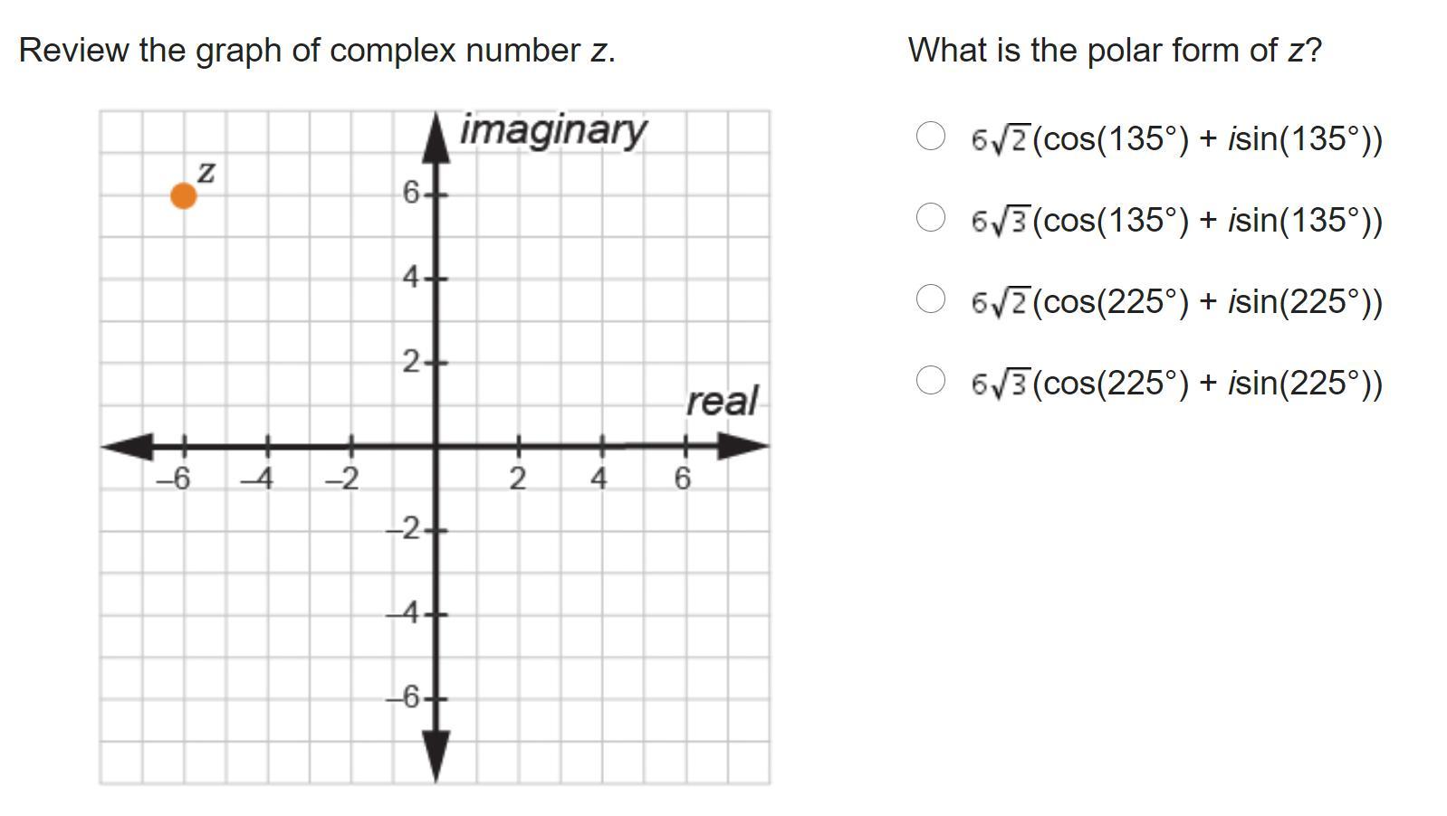 Review the graph of complex number z.On a coordinate plane, the y-axis is labeled imaginary and the x-axis