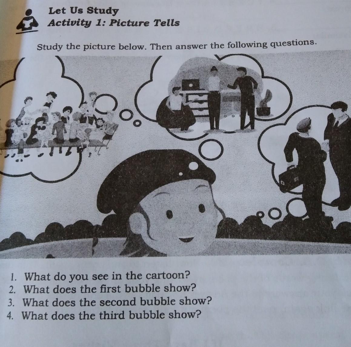 15 pointss!!!1.What do you see in the cartoon?2.What does the first bubble show?3.what does the second