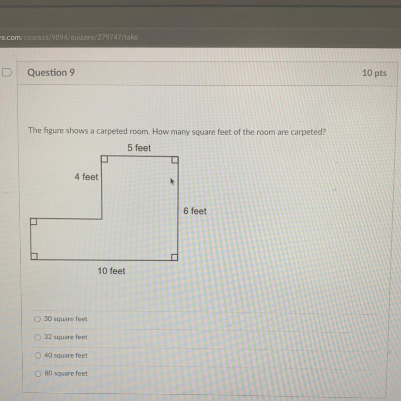 PLEASE HELP ASAP WILL MARK AS BRAINLYESTThe figure shows a carpeted room. How many square feet of the