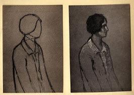 Two images of the same charcoal drawing are shown, but in different stages.The artist used many types
