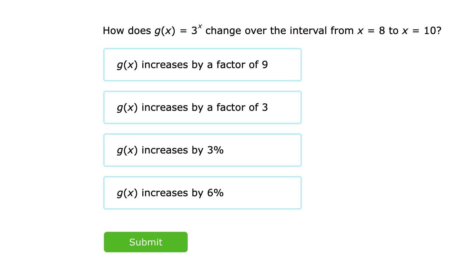 How does g(x)=3x change over the interval from x=8 to x=10?