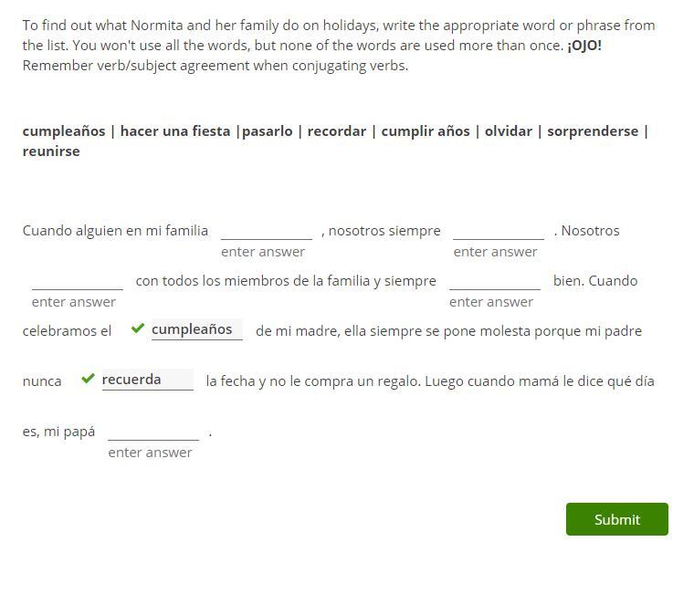 To find out what Normita and her family do on holidays, write the appropriate word or phrase from the