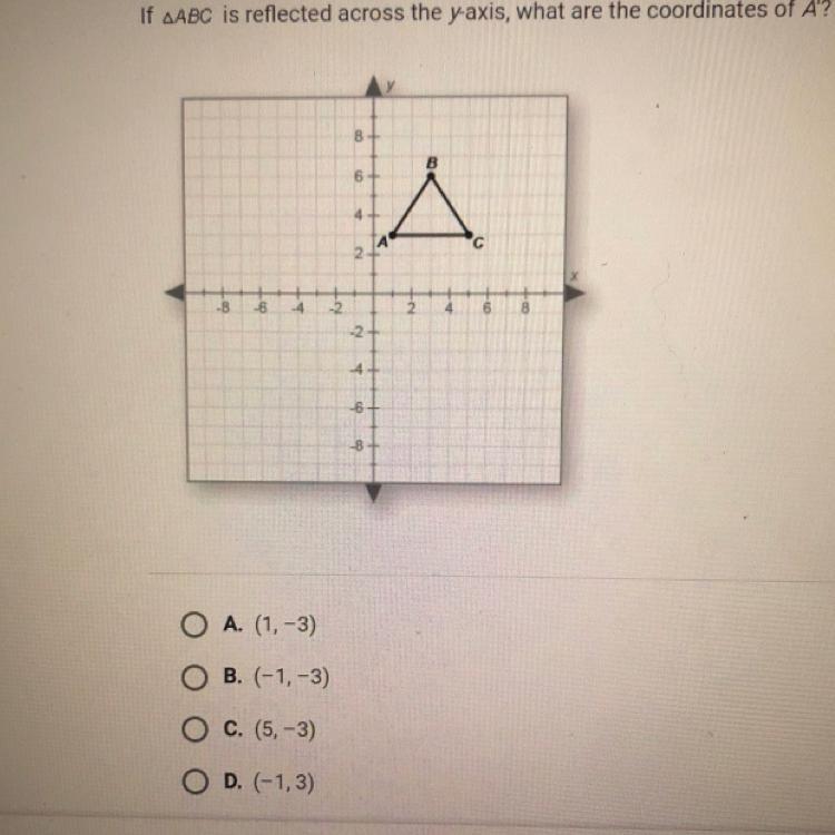 If ABC is reflected across the y-axis, what are the coordinates of A? A (1-3)B. (-1, -3)C. (5,-3)D. (-1,3)