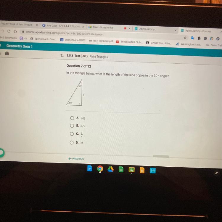 In the triangle below, what is the length of the side opposite the 30 angle?30"360"O A. 213O B. 313O
