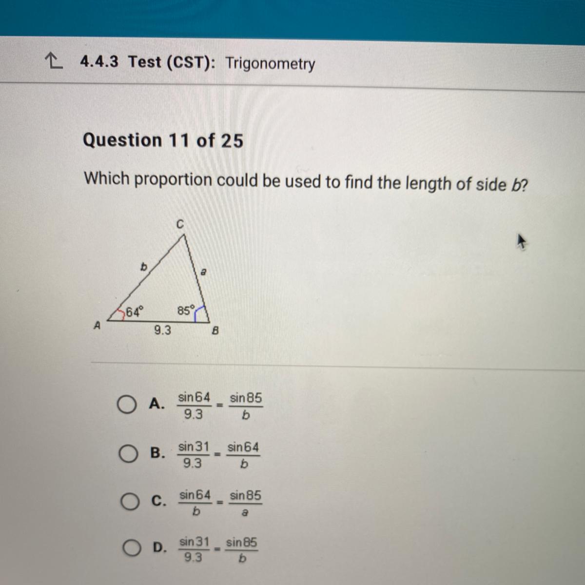 Which proportion could be used to find the length of side b?ba6485%A9.3B