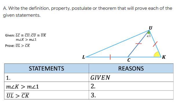 ACTIVITY #1Try It! A. Write the definition, property, postulate or theorem that will prove each of the