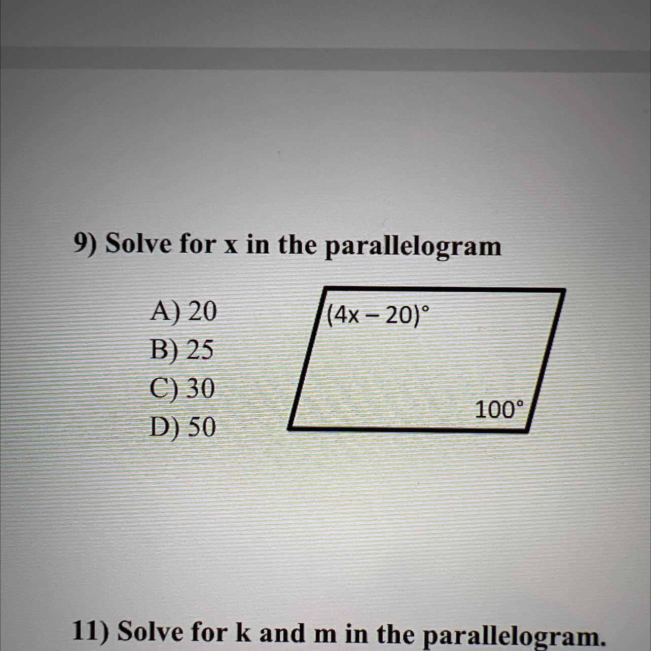 solve for x in the parallelogram 