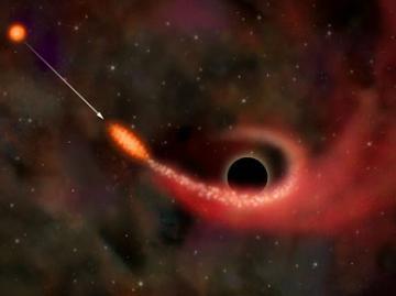 Look at this image.Gases extend away from a star and spiral into the center of a black hole. What is