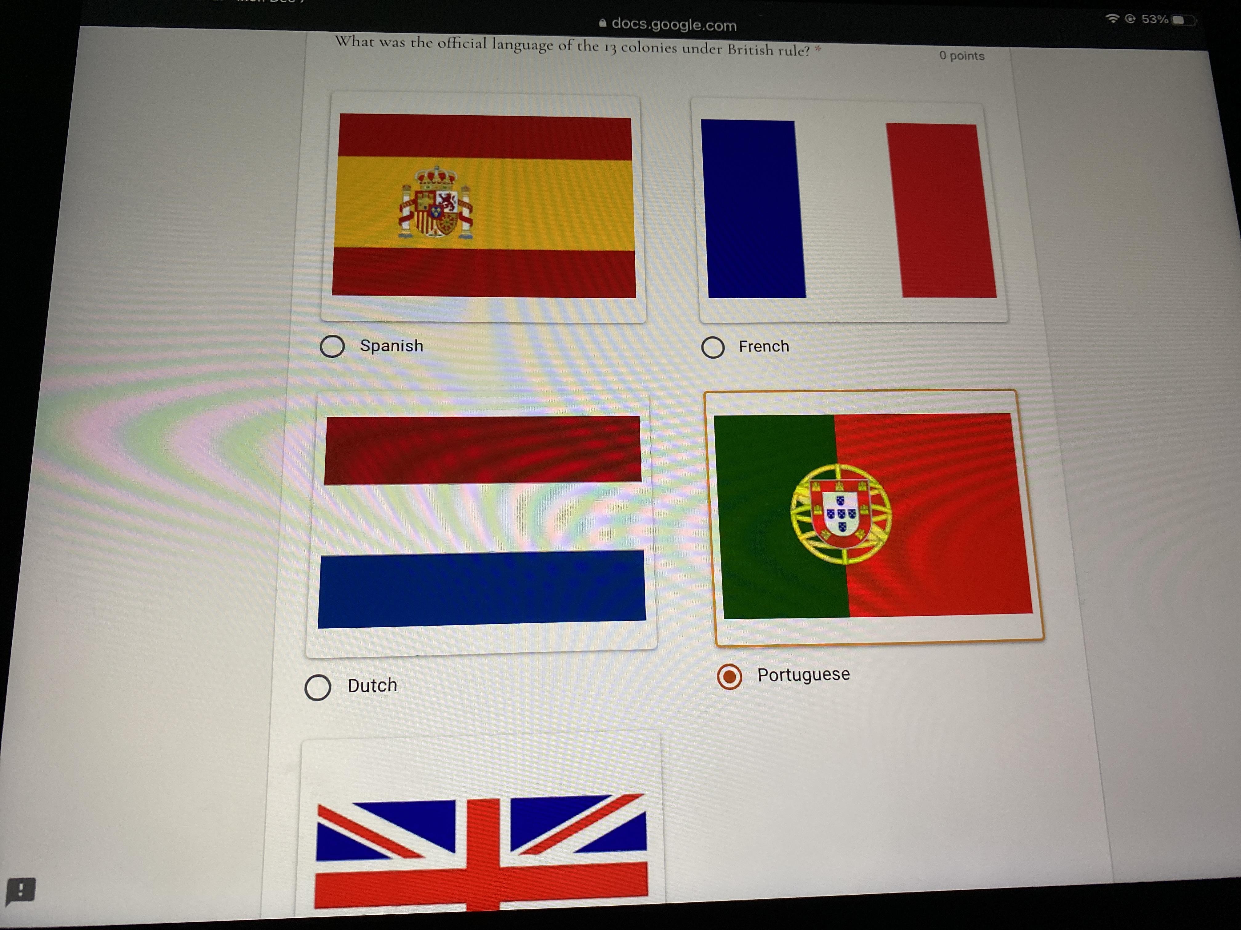 What was the official language of the 13 colonies under British rule?