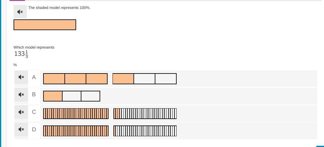 The shaded model represents 100%.Which model represents 133 1/3