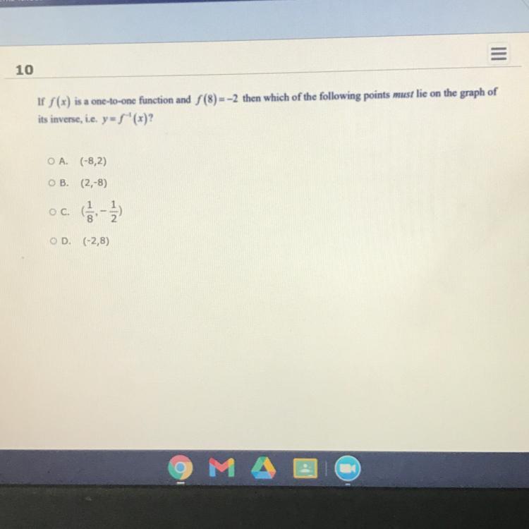 If F(x) Is A One-to-one Function F(8)=-2 Then Which Of The Following Points Must Lie On The Graph Of