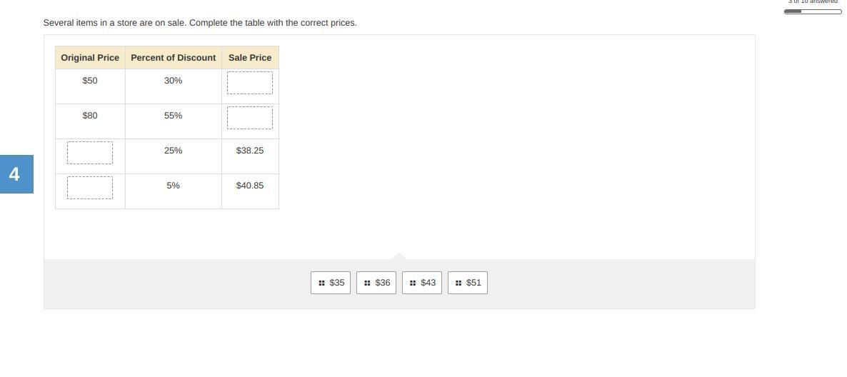 Several items in a store are on sale. Complete the table with the correct prices.