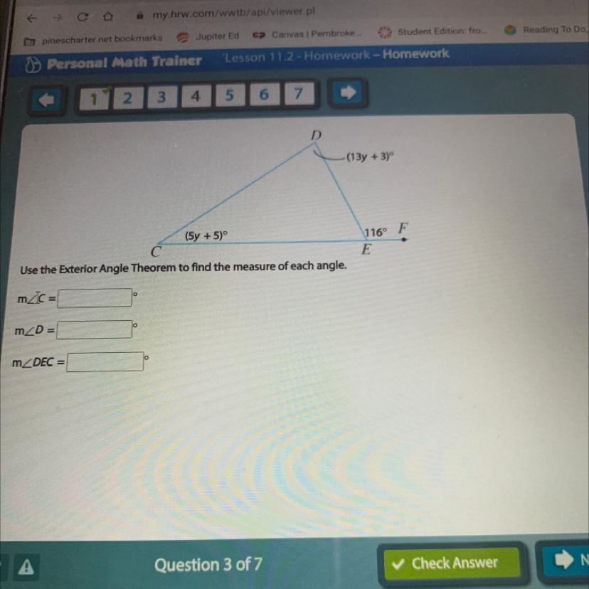 D(13y + 3)(5y + 5)116FEUse the Exterior Angle Theorem to find the measure of each angle.micm_D =m_DEC