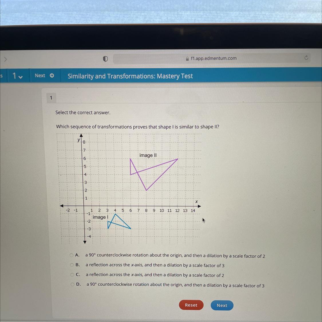 Which sequence of transformations proves that shape one is similar to shape two