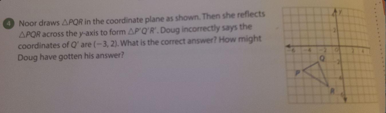 Noor draws PQR in the coordinate plane as shown. Then she reflects PQR across the y-axis to form P'Q'R'.