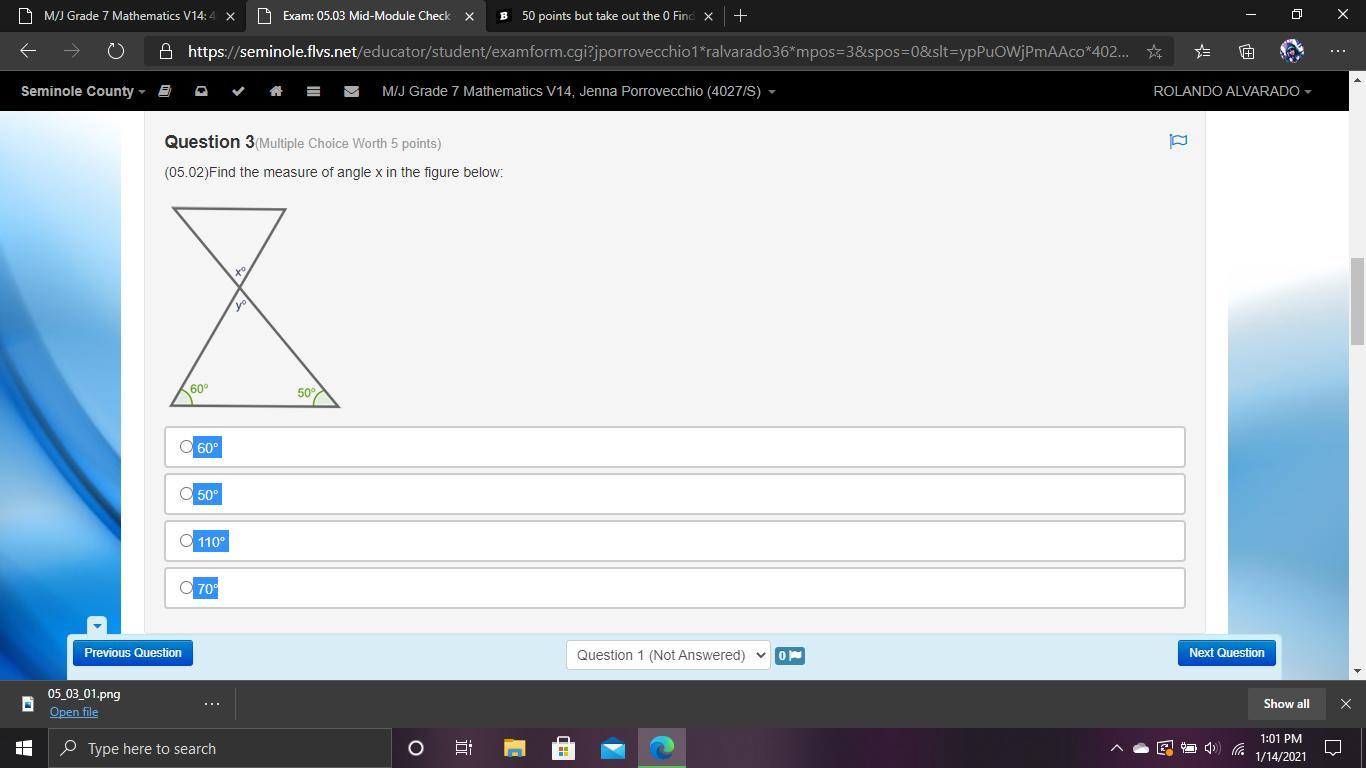 50 points but take out the 0Find the measure of angle x in the figure below: 60 50 110 70