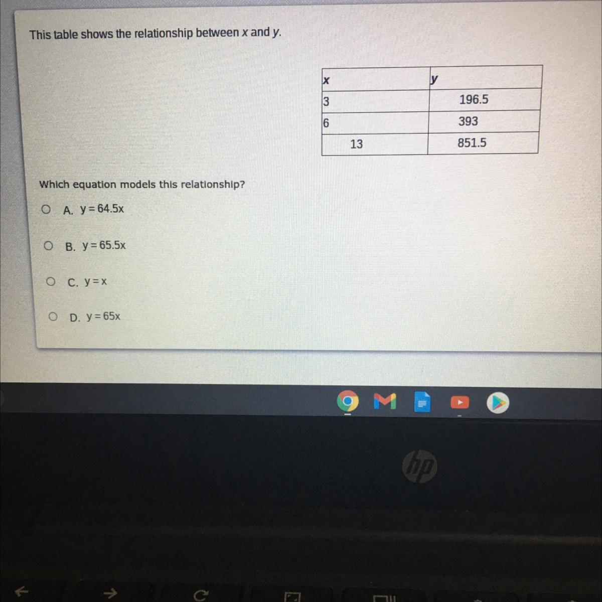 This table shows the relationship between x and y.XY3196.5639313851.5Which equation models this relationship?