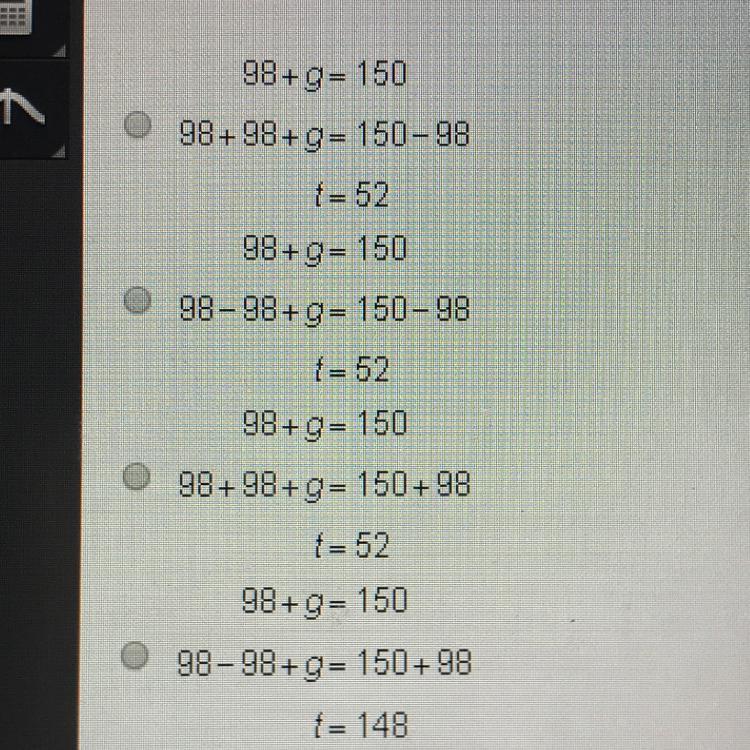 PLS HELP ASAP!! What is the solution to the equation? 98+g=150 