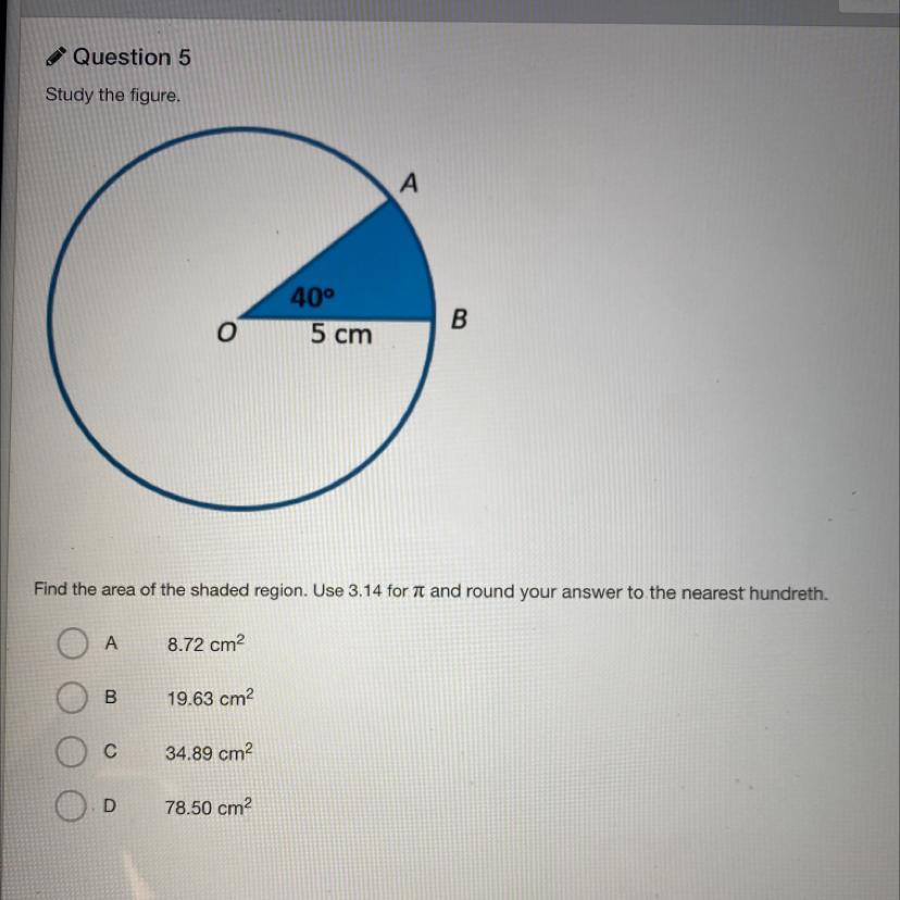 Study the figure.Find the area of the shaded region. Use 3.14 for it and round your answer to the nearest