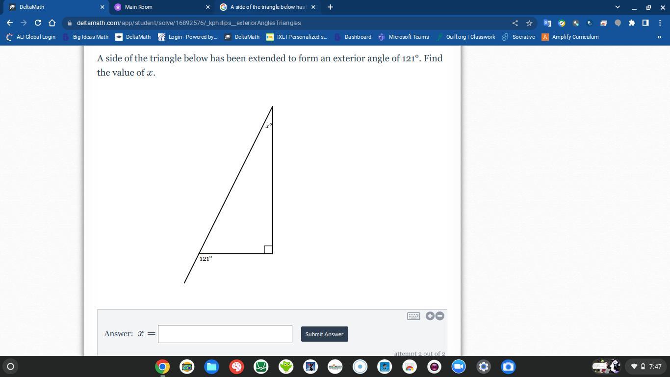 A side of the triangle below has been extended to form an exterior angle of 121. Find the value of x