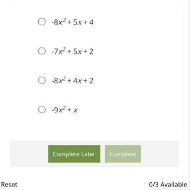 If f(x) = -8x2 + 3x + 1 and g(x) = x + 1, find (f + g) (x).
