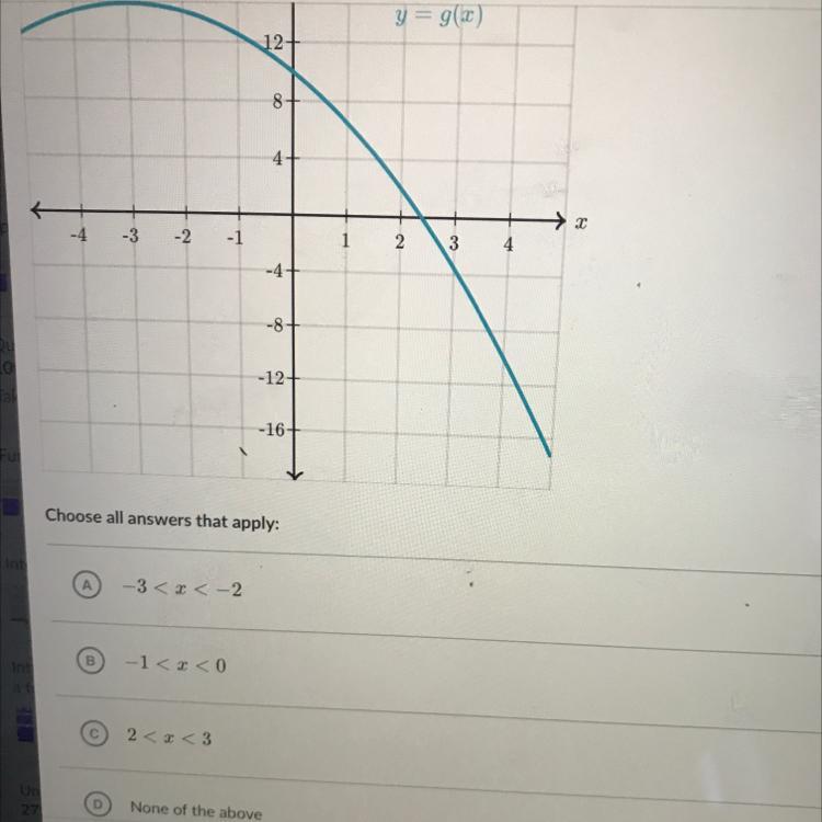 Help immediately!!!!! Question: select all the intervals where g is increasing.