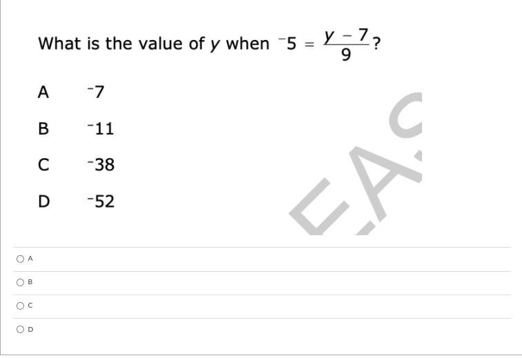 what is the value of y when: -5=y-7over 9