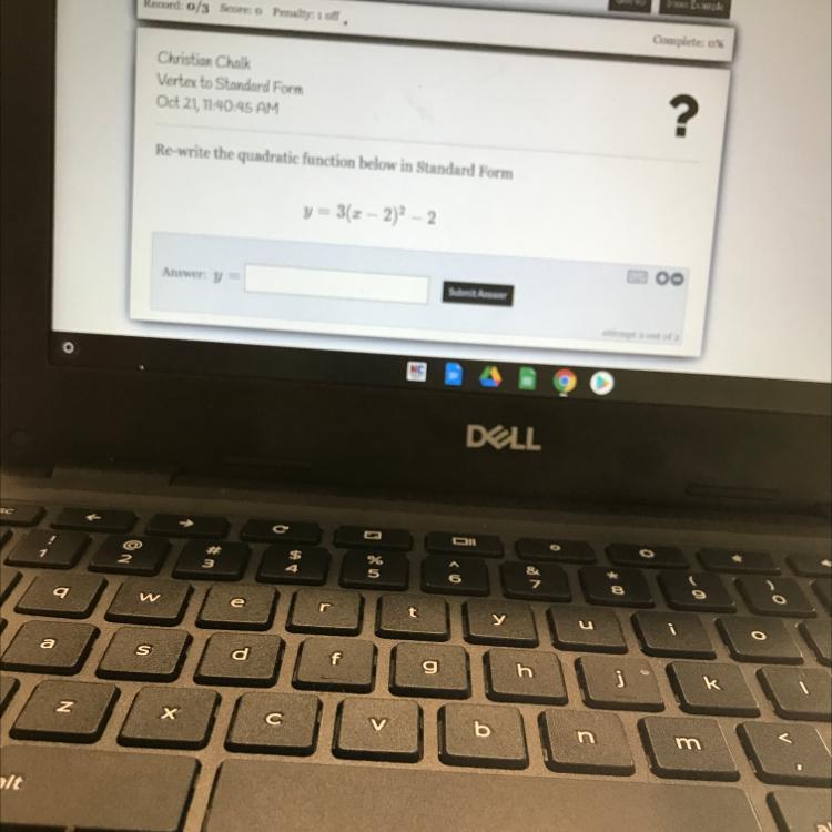 Re-write the quadratic function below in Standard Formy = 3(x - 2)2 2Answer: Y=