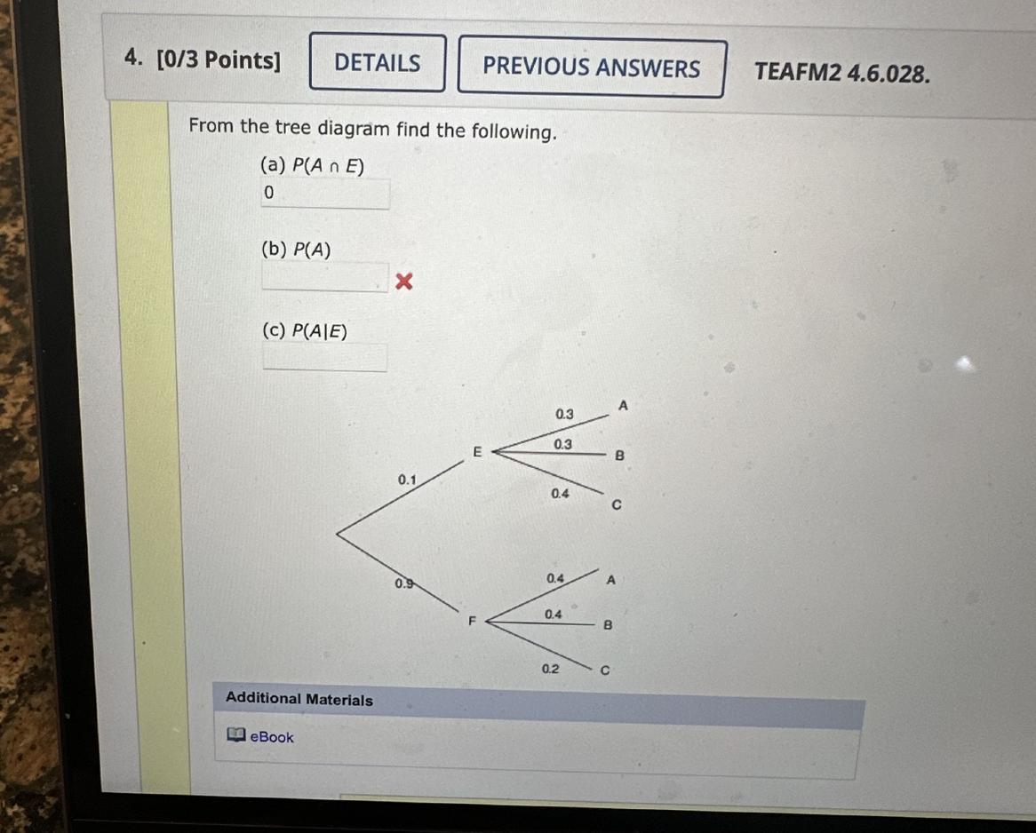 From the tree diagram find the following.(a) P(An E)0(b) P(A)(c) P(A|E)X0.10.9A A0.30.30.40.40.40.2
