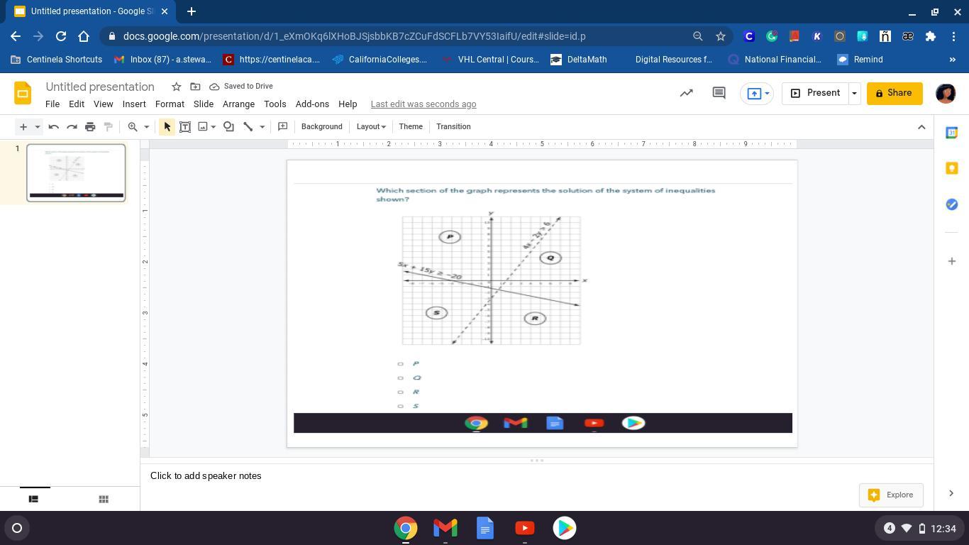 Which section of the graph represents the solution of the system of inequalities shown?