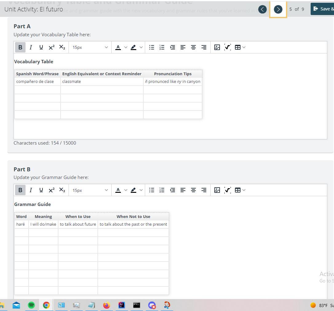 Spanish 3 Unit Activity: El futuro Vocabulary and grammer table. Edmentum