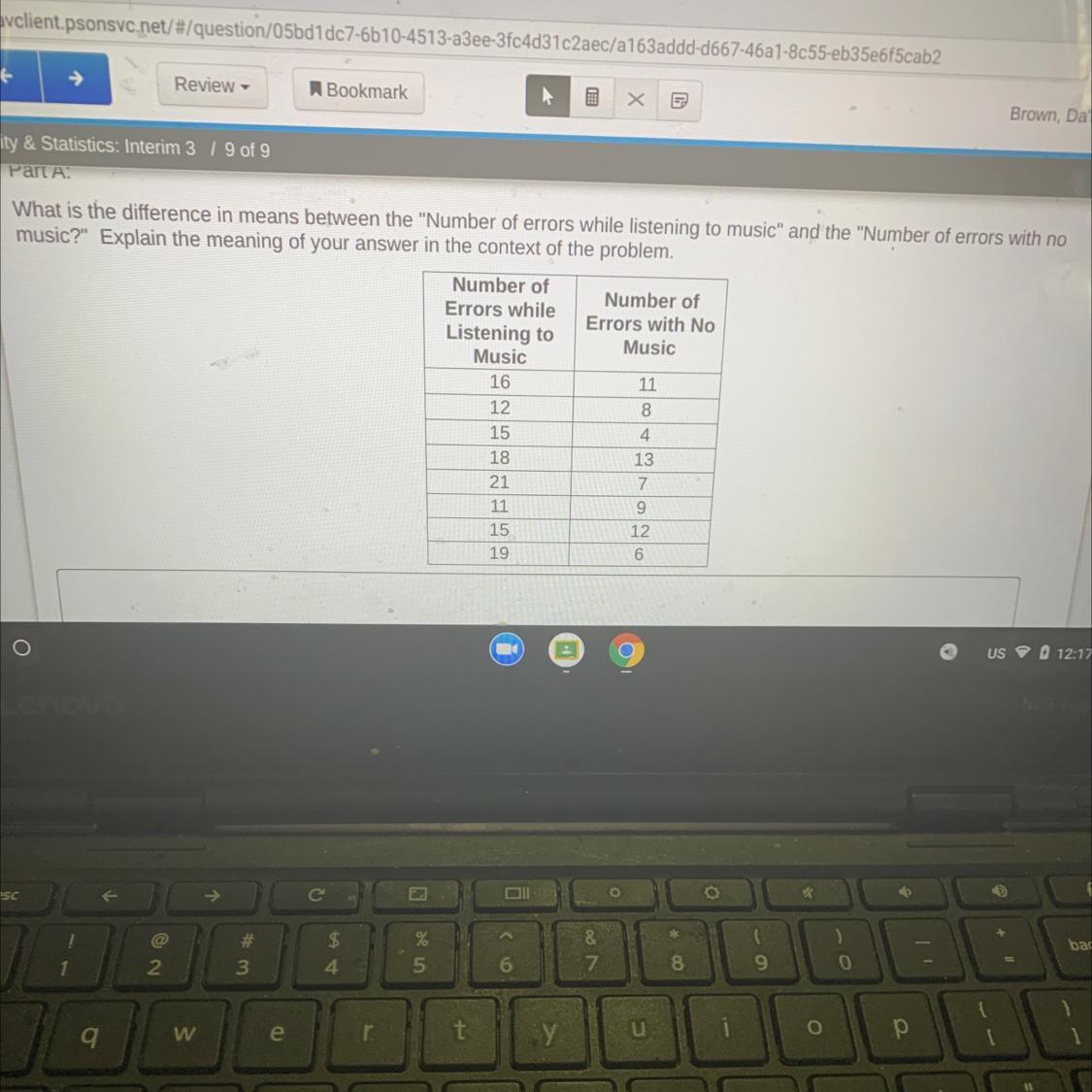 What is the difference in means between the "Number of errors while listening to music" and the "Number
