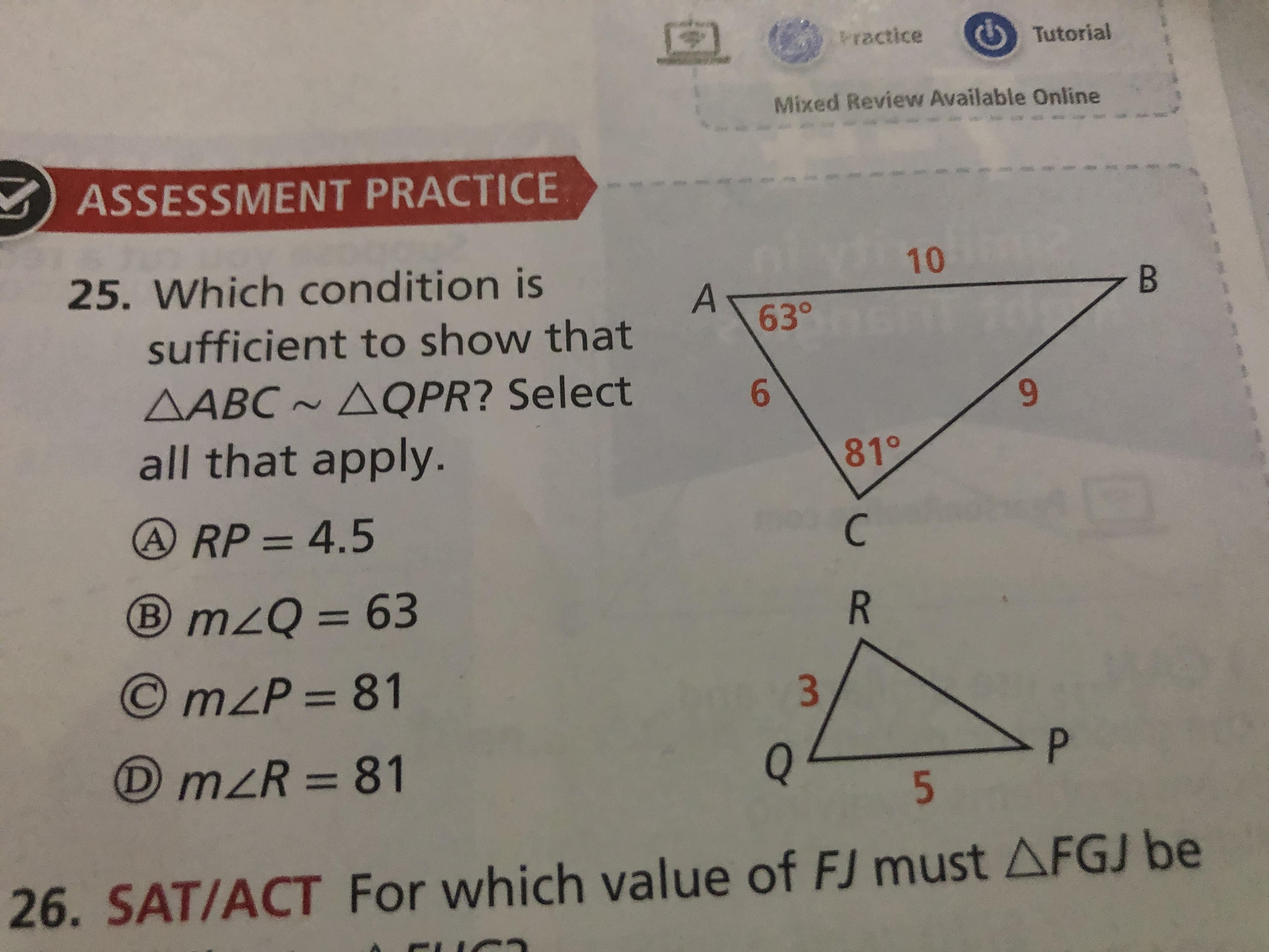 Which condition is sufficient to show ABC~QPR?