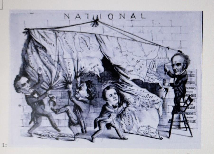 HELP ME OUT PLS!!!!! The cartoon depicts various politicians pulling at different sections of the US