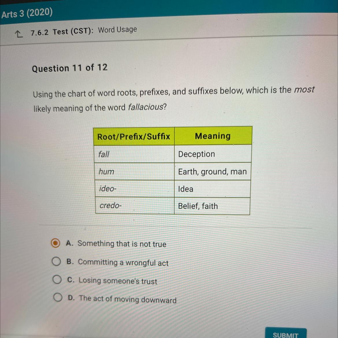 Using the chart of word roots, prefixes, and suffixes below, which is the mostlikely meaning of the word