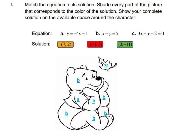 Match the equation to its solution. Shade every part of the picture that corresponds to the color of
