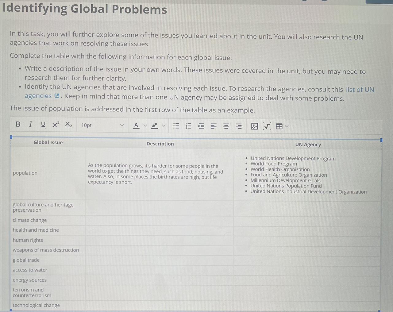 Identifying Global ProblemsIn this task, you will further explore some of the issues you learned about