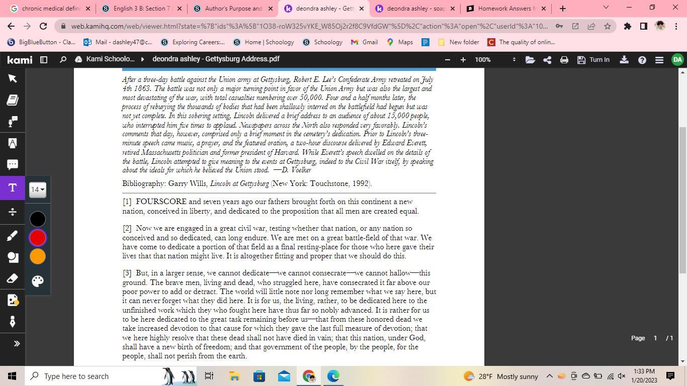Help me with this English work of The Gettysburg Address with the reading and graphic organizer