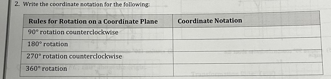 write the coordinate notation for the following: