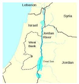 A cartographic map of countries around the Jordan River and the Dead Sea. Clockwise, countries labeled