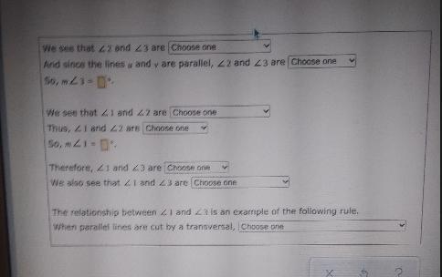 We see that 22 and 23 are Choose one And since the lines u and y are parallel, 22 and 23 are Choose one