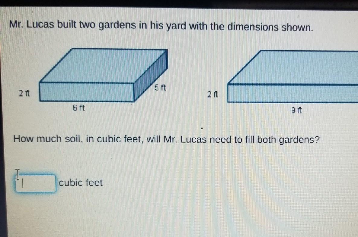 Mr. Lucas built two gardens in his yard with the dimensions shown. 2 ft How much soil, in cubic feet,