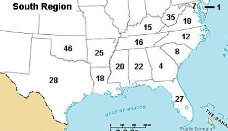 Using the map above, what number is on the state of South Carolina?