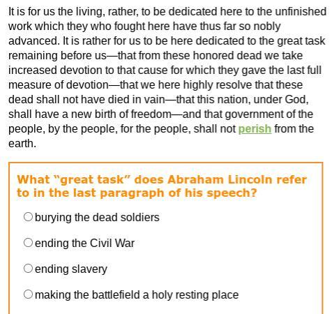 What great task does Abraham Lincoln refer to in the last paragraph of his speech?