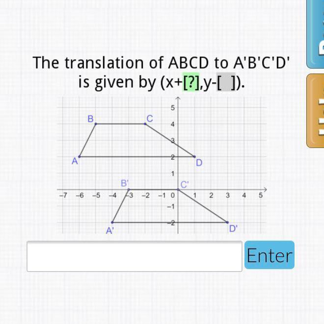 ROThe translation of ABCD to A'B'C'D'is given by (x+2.y-[?]).B4dj AD1SkipBC:-7 -6-54 3- 2-1012345-1AD'Enter