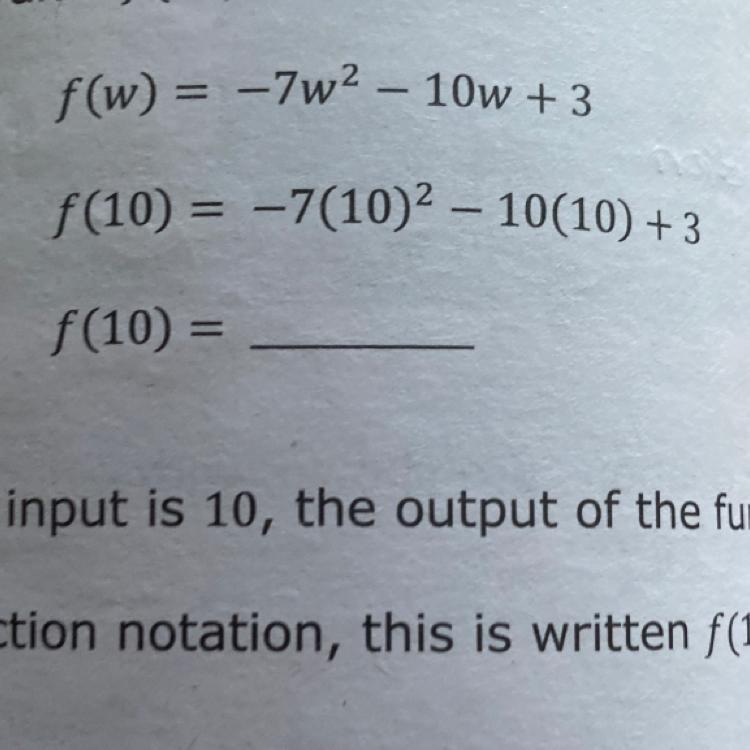 f(w) = -7w - 10w +3(10) = 7(10) - 10(10) + 3(10) =
