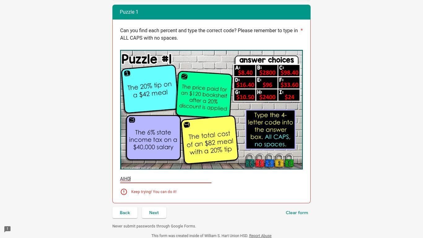 Please help me with this "Percent Escape Room"