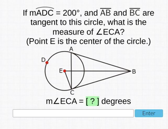 The Measure Of ADC Is 200 Degrees, And Lines AB And BC Are Tangent To This Circle. What Is The Measure